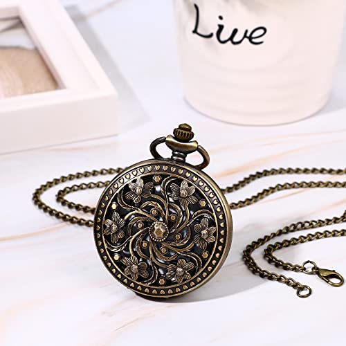 Image of JewelryWe Bronze Flower Pocket Watch: Retro Vintage Pendant Watch with Openwork Cover and 32.3 Inch Chain - for Men Women Daily Wear and Gift Giving