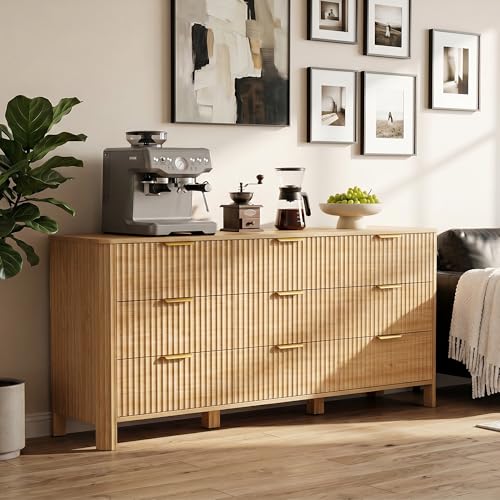 Image of Wodeer 9 Drawer Dresser for Bedroom, 62 inch Wide Wood Storage Cabinet with Fluted Design, Modern Chest of Drawers & TV Stand for Living Room, Nursery Clothing Organizer with Metal Slides, Anti-Tipping