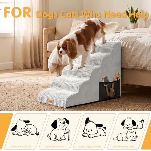 Image of Topmart High Density Foam Dog Steps 5 Tiers, Extra Wide Deep Pet Steps | Non-Slip Dog Stairs Ramp for Bed, Soft Foam Cat Ladder,Best for Older Injured, Older Pets, Cats with Joint Pain