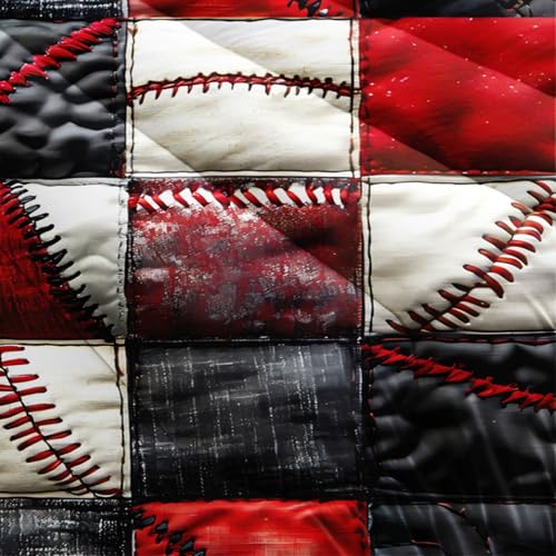 Image of Red and Black Plaid Comforter Set Queen,Baseball Bedding Set Queen Red and Black,Sport Quilt for Boys,with 1 Comforter with 2 Pillow Case