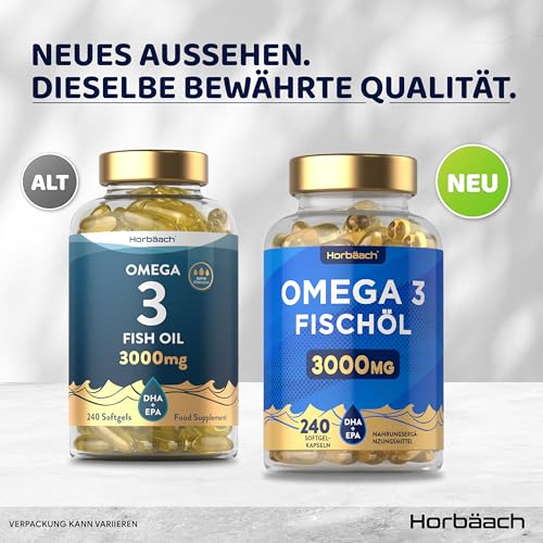 Omega 3 Kapseln Hochdosiert | 3000mg Fischöl Supplement mit EPA und DHA | 1000 mg Fish Oil pro Kapsel | 240 Stück | Horbaach – Bild 6