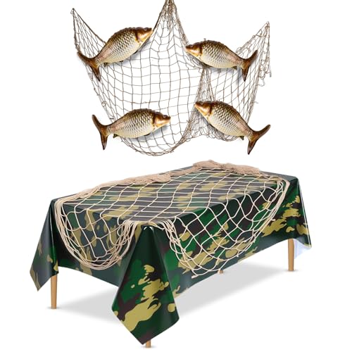 Silipull 6 Pcs Fish Foil Sea Animal Balloons Decorative Fish Net Camo Tablecloth Set Ocean Nautical Camouflage Hunting Themed Party Decorations for Under the Sea Pirate Birthday Party Decor Supplies