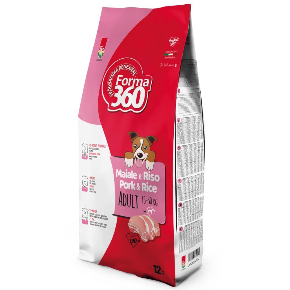 Crocchette Cane Maiale e Riso Monoproteiche – Alta Digeribilità per Cani Sensibili – Taglia Media e Grande – Forma360 – 12 kg