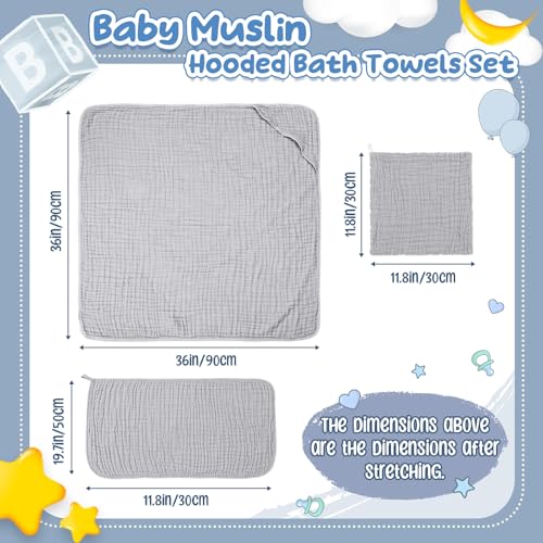 Image of Breling 12 Pcs Muslin Hooded Baby Bath Towel, Hand Towels and Washcloth Set, 36 inchx 36 inch Cotton Newborn Bath Towel Cotton Absorbent Blanket Unisex Newborn Gift Essentials for Girl Boy (Light Grey)