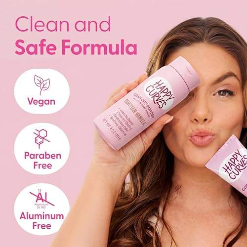Image of HAPPY CURVES Comfort Powder: Talc Free Anti Chafe Body & Foot Dusting Powder Deodorant for Inner Thigh Chafing, Private Areas, and All Over Body for Women 4oz (Pack of 1), Tahitian Vanilla