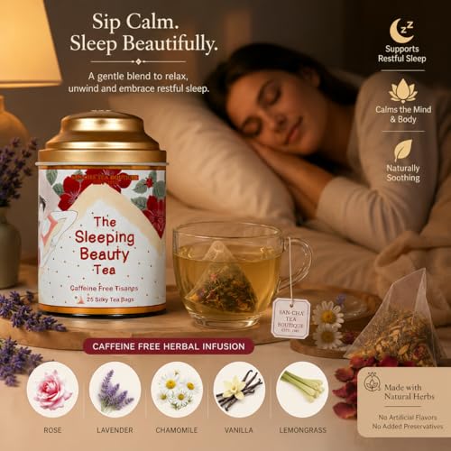 Image of Sancha Tea Boutique, Sleeping Beauty Tea, 25 Pyramid Tea Bags, Caffeine Free Herbal Tisane, Good for Bedtime and Sleep, Blend of Lavender /Chamomile /Vanilla /Rose