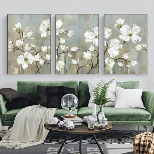 Toile art peinture arbre en fleurs blanche tableau rétro finition huile 60x90 cm