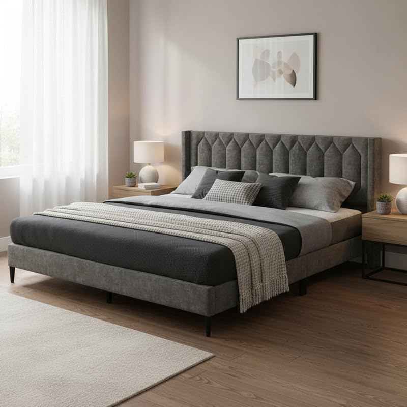 Amazon Brand - Solimo Wood and Fabric Willow Upholstered King Size Bed Without Storage | Wooden Frame, Linen Fabric Headboard, Modern Design, Strong, Durable Furniture for Bedroom, Livingroom (Beige)