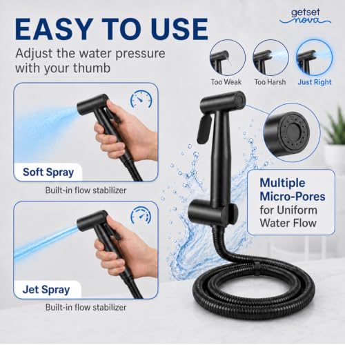 Image of Health Faucet Stainless Steel Handheld Bidet Sprayer with 1.5m Hose | Bathroom Hand Shower | Leakproof, Rust Resistant | Easy Installation. (Full Set Jet Spray Black)