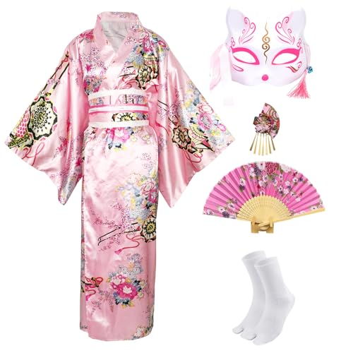 CRFASIBE 5 Piezas Kimono Mujer, Kimono con Estampado Floral, Japonesa Geisha Yukata Disfraz con Accesorios, Conjunto de Disfraces para Cosplay Carnevale（Rosa）