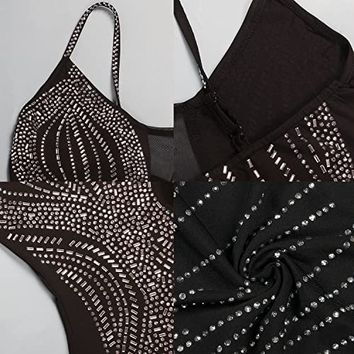 Image of Jigfar Women Sexy Elegant Rhinestone Mesh See Through Party Club Night Split Bodycon Formal Maxi Dress