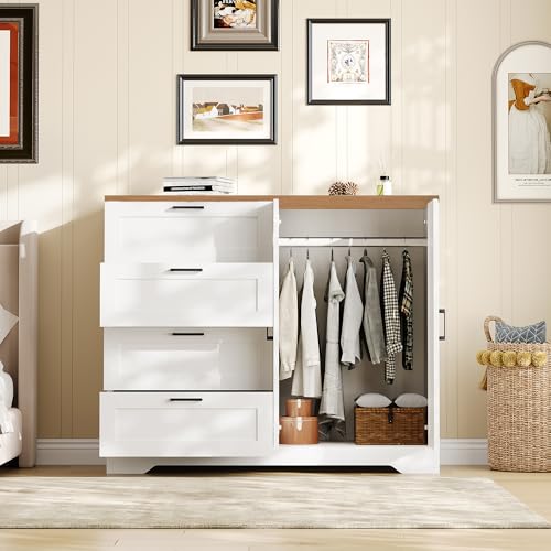 GarveeHome Multifunctional Wooden Dresser for Bedroom, 43.3'' H 2 Door Wardrobe Armoire Closet with 4 Drawers and Hanging Rod, Low Storage Cabinet for Hanging Cloth, White and Brown