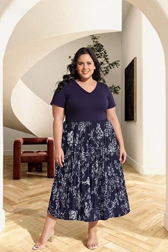 Image of CARCOS Plus Size Dresses for Women Summer Short Sleeve V Neck Patchwork Dresseses XL-5XL