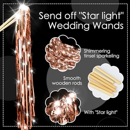 Image of Simgoing 100 Pcs Lighted Wedding Wands LED Tinsel Wands Light up Streamers Sparklers for Wedding Send Off and Exits Birthday Party Props Favors(Rose Gold)