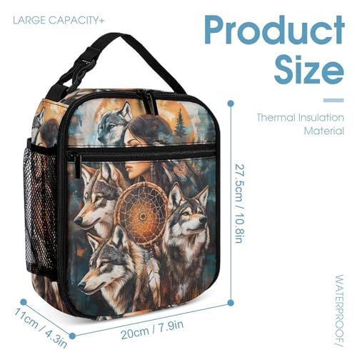 Dreamcatchers Native Woman Wolf Printed Backpack with Lunch Box Bag Pencil Case Pouch 3pcs Daypack Set for Women Men4