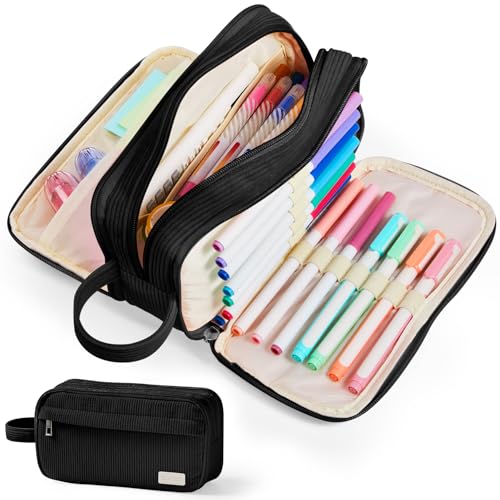 Image of Sooez High Capacity Pencil Case, Soft Corduroy Pencil Pouch with 4 Compartments, Multiple Pockets, Large Pencil Bag with Sturdy Zipper, Cute Pencil Case Pouch Organizer for Student Teen Girls, Black