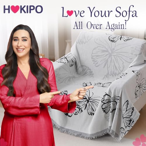 Image of HOKIPO Premium Chenille Printed Sofa Cover Throw Blanket 320 GSM for 1 Seater - All Season Use, 'Serene Abode Series' Monochrome Butterfly (180x180 cm) (AR-6631-D8)