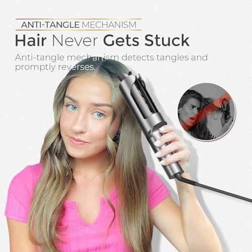 Image of TYMO CurlPro Plus Automatic Rotating Curling Iron - Upgraded Long Barrel Curling Wand for Long Hair, Ceramic Hair Curler for Women, Anti-Scald, Tangle-Free, 600M Ionic, Dual Voltage, Grey, 1 Inch