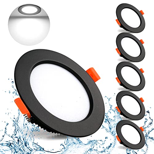 Spot Led Encastrable Noir,YOODI 5x Extra Plat Encastré 7W=70W Incandescence 220-240V Plafonnier Rond Découpe 80-90mm, Blanc Froid 6000K IP44 700 Lumen Pour Salle de Bain,Cuisine,Salon,Couloir Cover