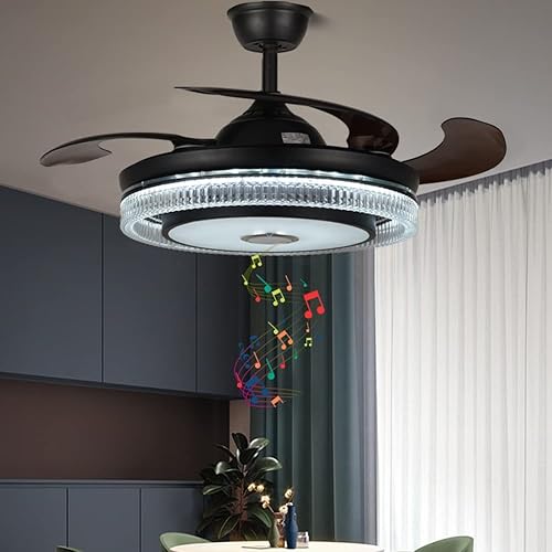 Fandian Ventilador de techo inteligente de 42 pulgadas con luces y altavoz Bluetooth, modernos candelabros negros con aplicación RGB de colores