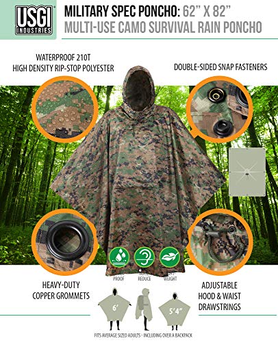 USGI Industries Military Style Poncho Multi Use Rip Stop Camouflage Regen Poncho, MARPAT, Einheitsgröße