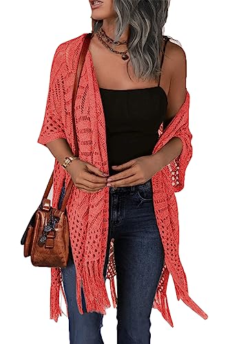 Image of HOTOUCH Womens Knit Cardigan Open Front Outwear Hollow Out Crochet Tassel Lightweight Kimonos Sweater S-XXL