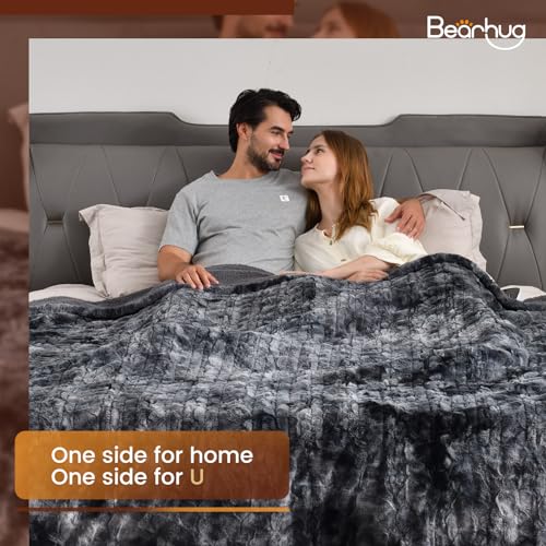 Bearhug Electric Blanket Queen Size 84"x 90", Dual Controllers Heated Blanket, Faux Fur & Grey Sherpa, 10 Heating Levels & 1-12H Auto Off, Over-Heat Protect, ETL, Machine Washable