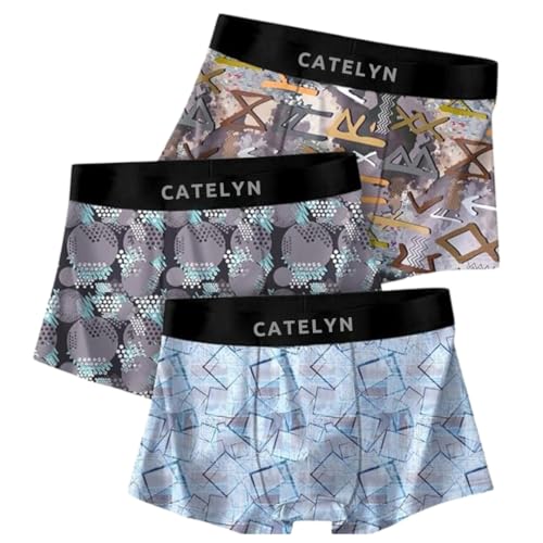 Image of CATELYN Printed Men's Extra Thin Elastic Ice Silk Underwear - Long, Comfortable, Breathable Boxer Brief Trunks, Smooth Fabric (Pack of 3)