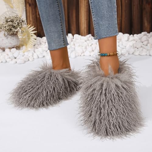 Image of Unisex Fuzzy Faux Fur Slippers, Women's Fluffy Long Hair Sheep Faux Fur Slip on Slides, Girls Luxury Big Fluffy Outdoor Flat Slippers, Long Curly Hair Non-Slip Warm Home Slide Shoes