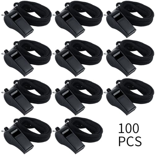 100 silbatos negros de plástico para deporte y emergencias miniatura 3