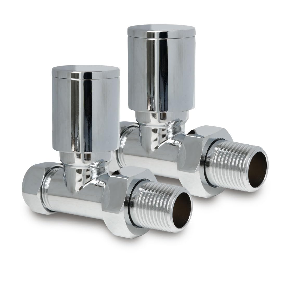 Chrome Straight Radiator Valves Round Modern Radiator Valves Pair of 15mm x 1/2" (Set of 2) for Heated Towel Rails & Central Heating Radiators Chrome Radiator Valve Set — image 1
