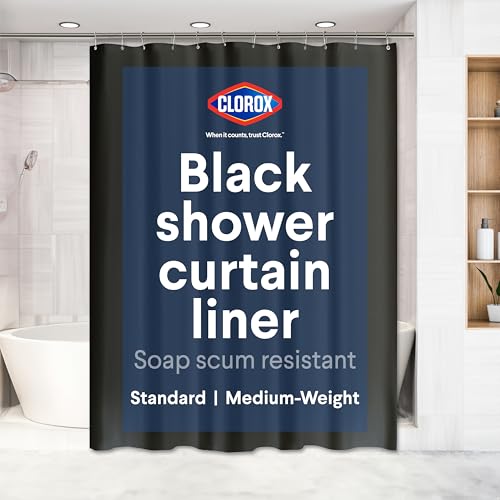 Clorox Shower Curtain Liner Premium Medium Weight Flexible Waterproof 6g PEVA for Bathroom with Weighted Magnets Standard Size 72 x 72 Black 1 Pack