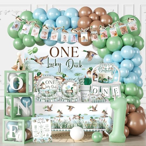 Cocomigo 305pcs One Lucky Duck Birthday Decorations Serves 25 One-stop Lucky Ducks Party Pack With Plates Cake Topper Banner Backdrop Tablecloth Balloon Arch for 1st Birthday
