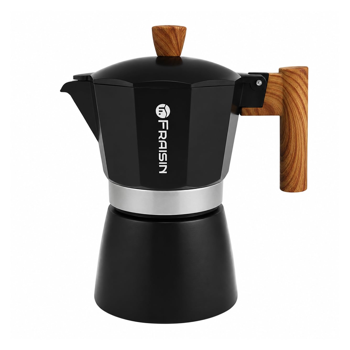 FRAISIN Stovetop Espresso Moka Pot Coffee Maker, Non-slip Wood Grain Handle, Cast Aluminum, Compatible with Gas, and Electric Stoves (Black, 3 cups)