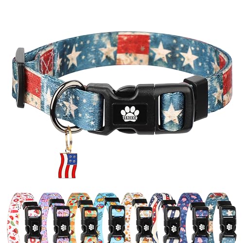 TENICER 4th of July Dog Collar for Small Medium Large Dog Cute Patriotic Flag Stars Pet Puppy Collars for Boy Girl Dogs for Independence Day Parades Party Hiking Walking Photoshoots S