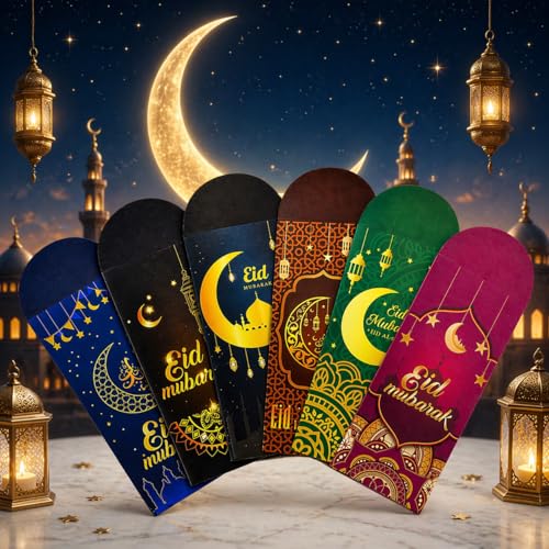 Eid Mubarak Money Envelopes (6 Pack) Premium Eidi Gift Envelopes with Elegant Islamic Designs & Gold Foil for Ramadan and Eid Celebration