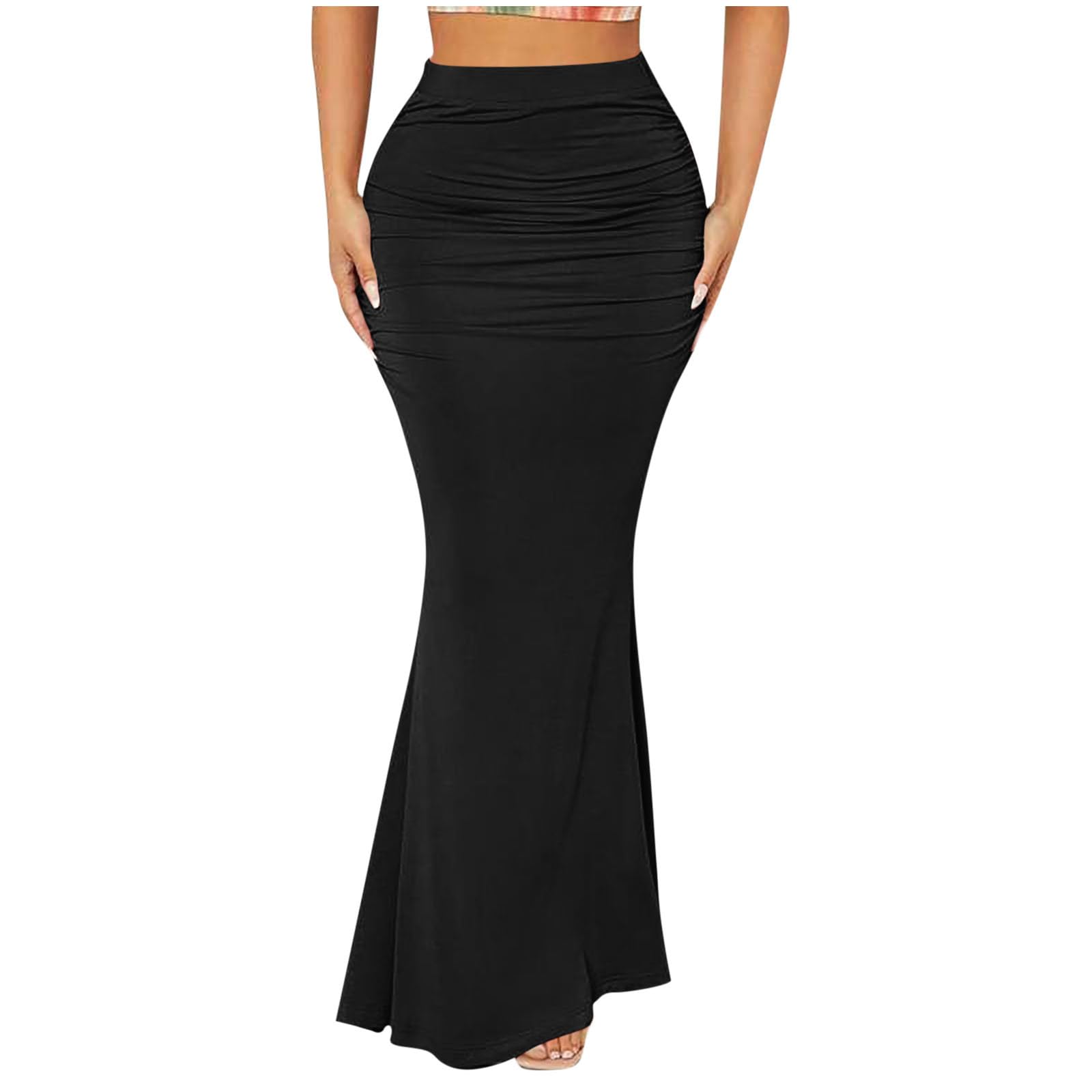 Womens Elegant Bodycon Skirts for Formal Evening Party Trendy Skirts Going Out Ruched Maxi Skirt Solid Skirt