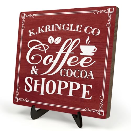 Kringle Coffee & Cocoa Shoppe Sign 5.9 x 5.9 Inch Wooden Christmas Decor Plaque with Stand Vintage Holiday Coffee Bar Sign for Kitchen Cocoa Station Hot Drink Corner (Red)