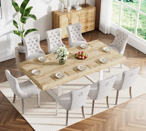 Image of Oak Dining Room Table Set for 8, 9-Piece 63 inch-78.74 inch Extendable Dining Table Set with 8 Upholstered Chairs, Rectangle Wooden Expanding Kitchen Table and Beige Chairs Set