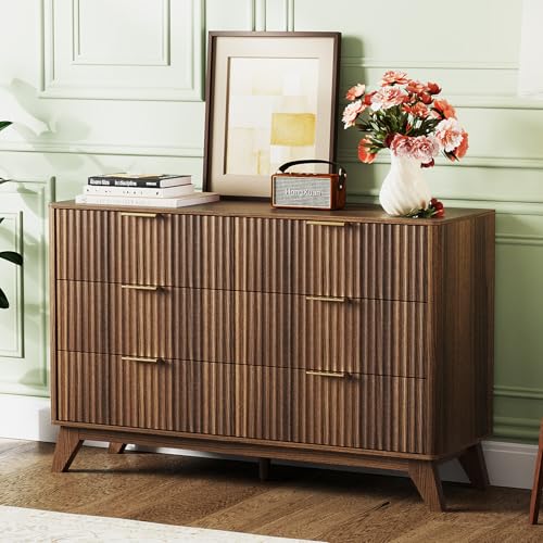 Image of VINGLI Fluted Walnut Dresser 6 Drawer, Dark Brown Wood Dresser with Rounded Edges, Mid Century Modern Walnut Dressers for Bedroom, 46.8 inch W*15.5 inch D*31 inch H