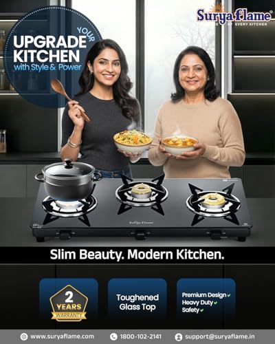 Image of Surya Flame Creta Gas Stove 3 Burners | Tri-pin Brass Burner | 3 Burner Gas Stove Glass Top, Stove 3 Burner, Ultra Slim Design with Toughened Glass Top, Removable Drip Tray, ISI Certified