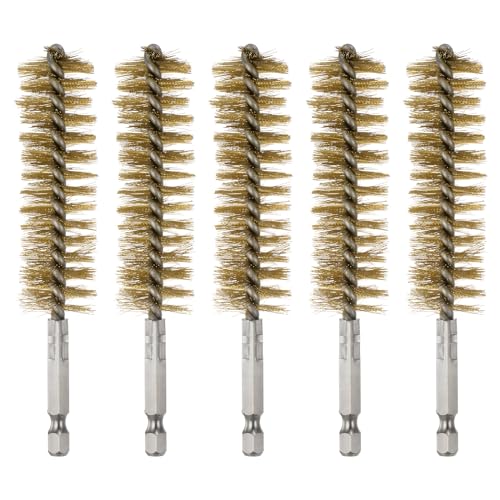 HARFINGTON 5Pcs Bore Brush Brass 22mm Dia Cleaning Twisted Bronze Wire Brush Tube Pipe Cleaner with Handle 1/4 Inch Hex Shank for Tubes, Ports, Bearings