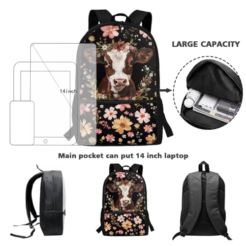 Vintage Floral Cow Print Kids Backpack Set with Lunch Box Pencil Case, 3 PCS Lightweight Schookbag for Girls Boys, Waterproof Elementary Student Bookbag for Kindergarten or Daycare3