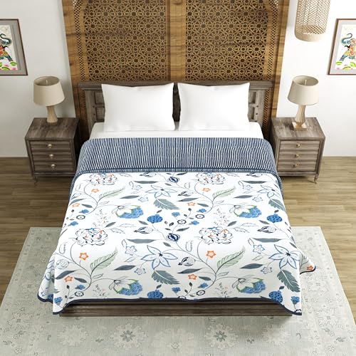 Image of BLOCKS OF INDIA 100% Cotton Dohar King Size Reversible Hand Block Printed Malmal Summer Dohar /Blanket (Blue Anar JAAL)