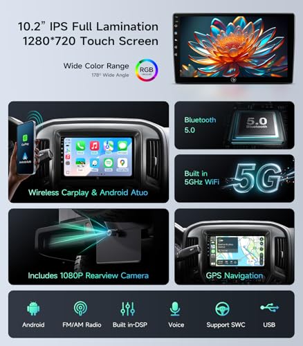10.2" Car Stereo Radio for Chevy Silverado & GMC Sierra 2014-2018 - Wireless CarPlay & Android Auto, 5G WiFi GPS Navigation, Bluetooth FM/SWC, 1080P Backup Camera, Responsive Touchscreen