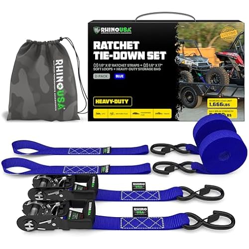 Rhino USA Heavy Duty Ratchet Tie Downs (2-Pack) - 1.6in x 8ft, 5,000lb