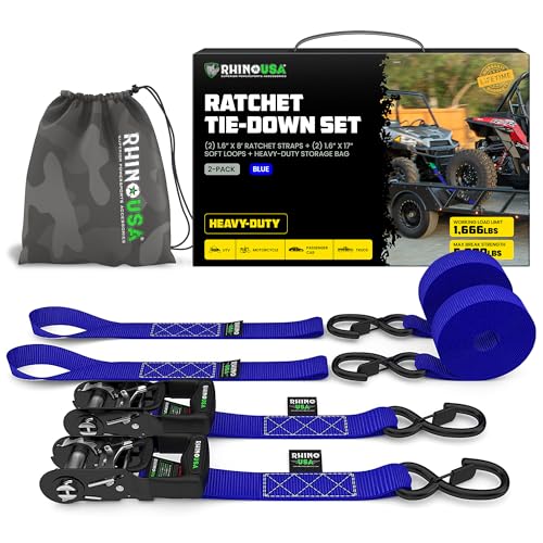 Image of Rhino USA Heavy Duty Ratchet Tie Downs (2-Pack) - 1.6in x 8ft, 5,000lb