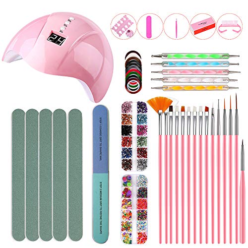 Nail Starter Kit, 36W UV LED Nail Lamp includes Nail Drill Buffer File 15pcs Manicure Brushes 5pcs Nail Dotting Pens and Decoration, for Home and Salon Use