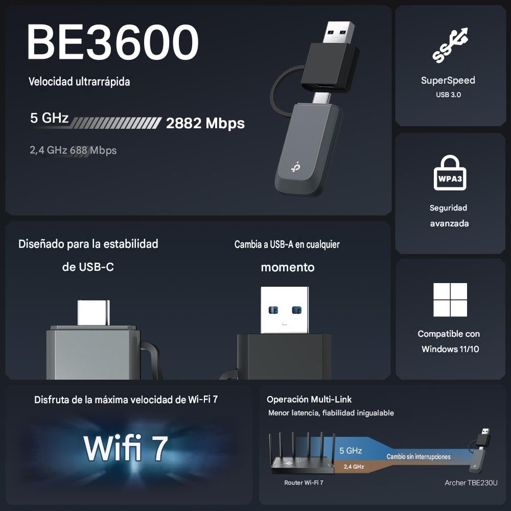 TP-Link Archer TBE230U WiFi 7 Dual-Band BE3600Mbps, karta sieciowa Nano USB, MLO, Plug & Play, elastyczność USB Type-C/A, USB 3.0, WPA3, kompatybilny z Windows 11/10