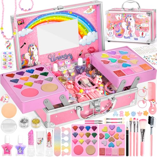 Kit de maquilhagem para crianças, 65 peças lavável de maquilhagem para meninos brinquedos, caixa de maquilhagem para meninos, menina de unicórnio, mala de maquilhagem, presente de aniversário e Natal
